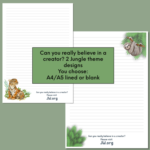 Sloth and Tiger jungle themed JW Letter Writing Paper, please visit jw.org