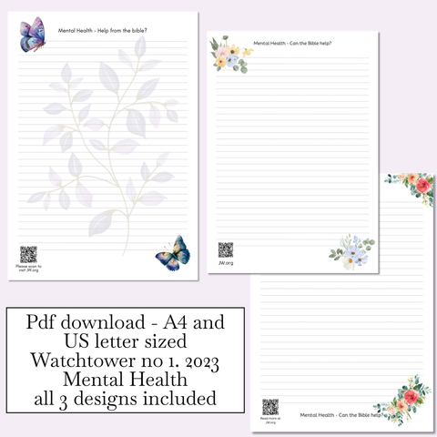 Watchtower no 1. 2023 - Mental Health - mix pack of 3 designs | JW Letter Writing Paper