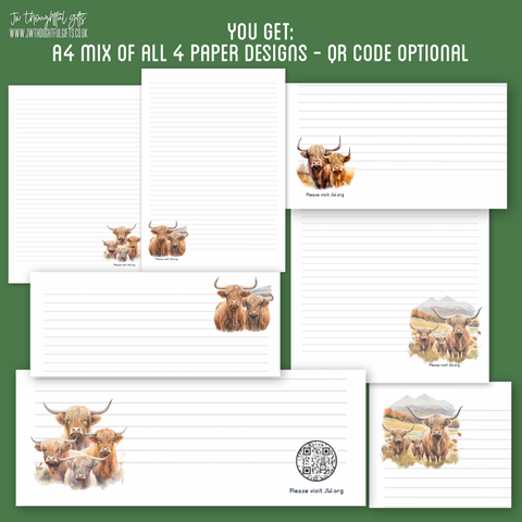 Mix pack highland cow designs - JW Letter Writing Paper - 4 designs - optional qr code