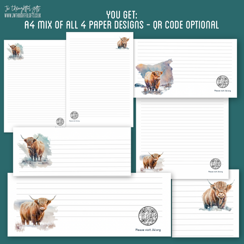 Mix pack watercolour highland cow designs - JW Letter Writing Paper - 4 designs - optional qr code