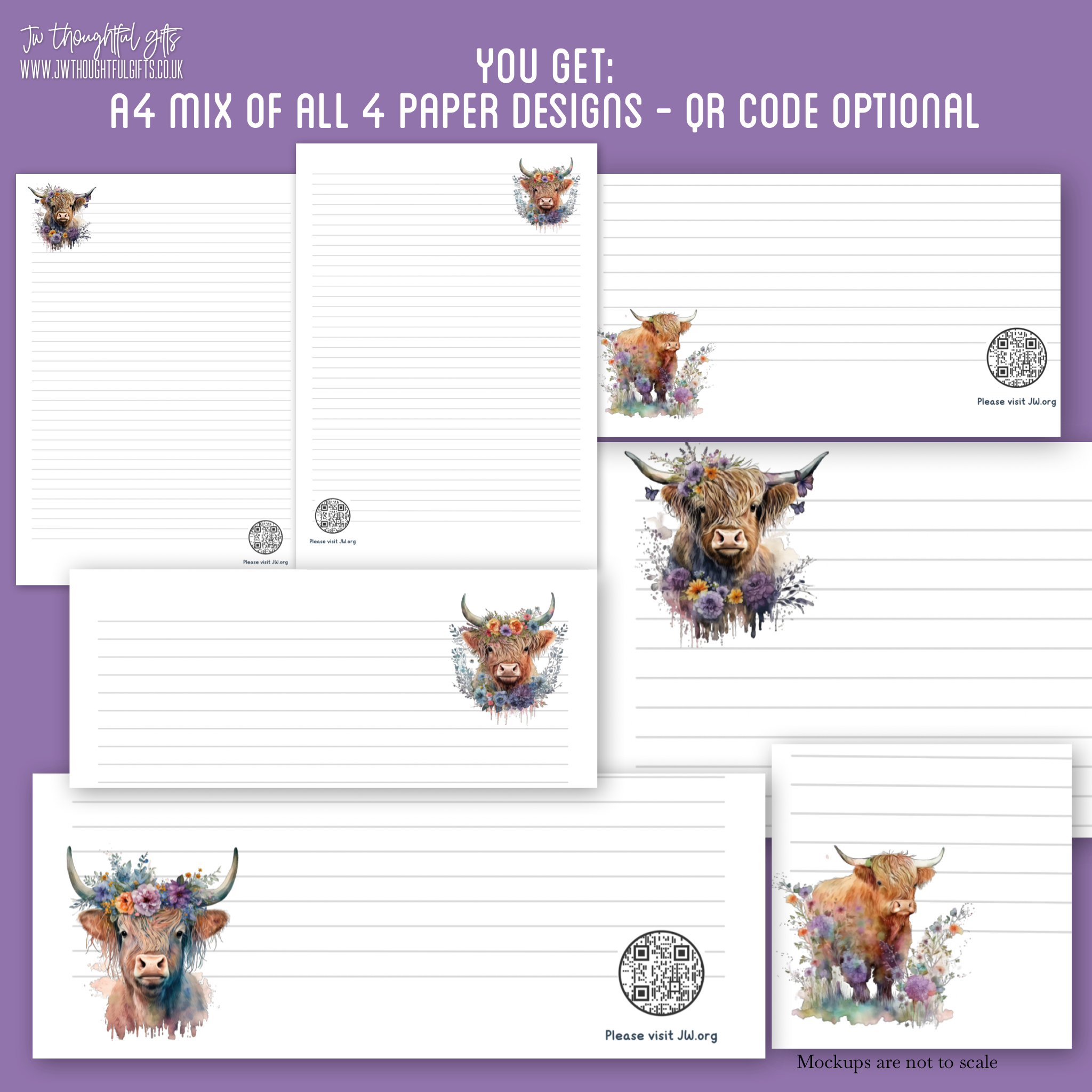 Mix pack floral highland cow designs - JW Letter Writing Paper - 4 designs - optional qr code