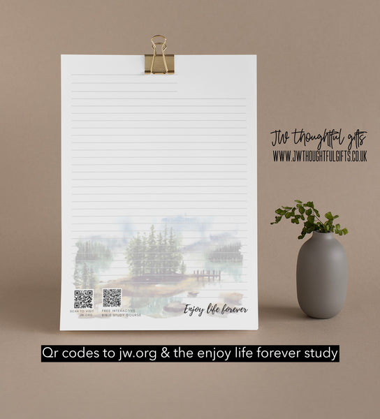 ‘Tranquil Trees’ Enjoy Life Forever bible study - JW Letter Writing Paper - mix pack 5 designs - qr codes