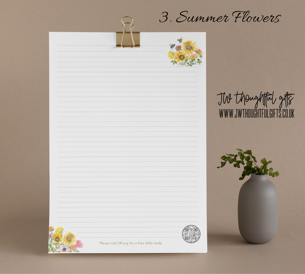 Flowers A4 or A5 JW Letter Writing Paper - blank or lined with QR code