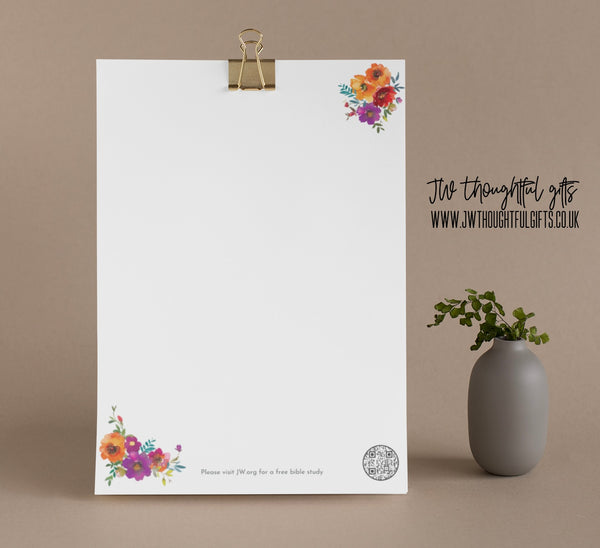 Flowers A4 or A5 JW Letter Writing Paper - blank or lined with QR code