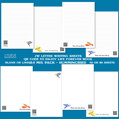 QR code Mix pack hummingbird JW Letter Writing Paper - 4 designs - blank or lined