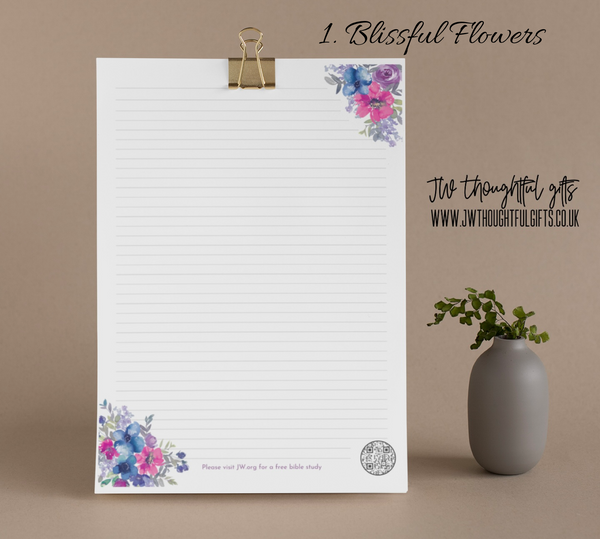 Flowers A4 or A5 JW Letter Writing Paper - blank or lined with QR code