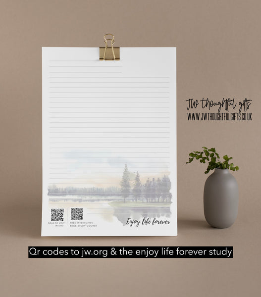 ‘Tranquil Trees’ Enjoy Life Forever bible study - JW Letter Writing Paper - mix pack 5 designs - qr codes