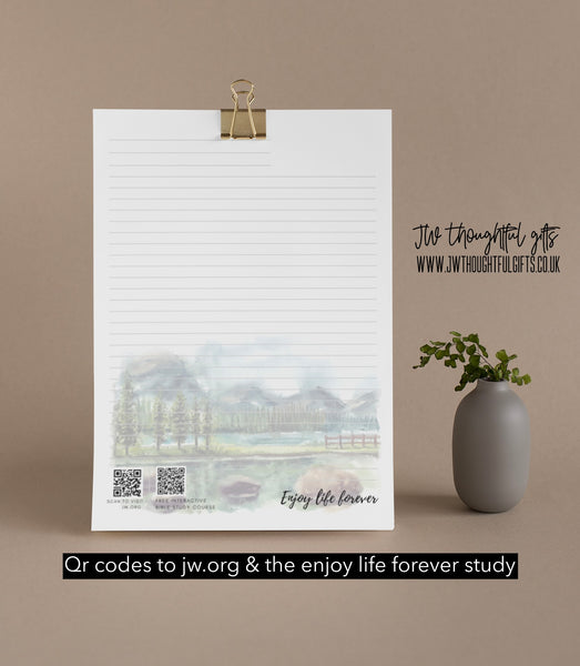 ‘Tranquil Trees’ Enjoy Life Forever bible study - JW Letter Writing Paper - mix pack 5 designs - qr codes