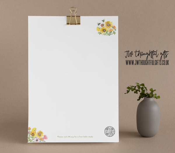 Flowers A4 or A5 JW Letter Writing Paper - blank or lined with QR code