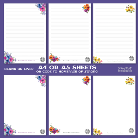 Flowers A4 or A5 JW Letter Writing Paper - blank or lined with QR code