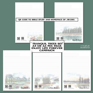 ‘Tranquil Trees’ Enjoy Life Forever bible study - JW Letter Writing Paper - mix pack 5 designs - qr codes