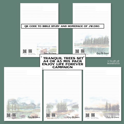 ‘Tranquil Trees’ Enjoy Life Forever bible study - JW Letter Writing Paper - mix pack 5 designs - qr codes