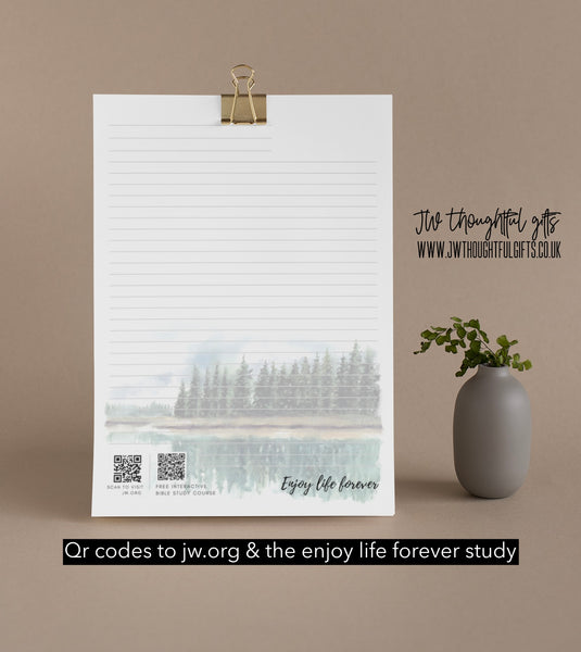 ‘Tranquil Trees’ Enjoy Life Forever bible study - JW Letter Writing Paper - mix pack 5 designs - qr codes