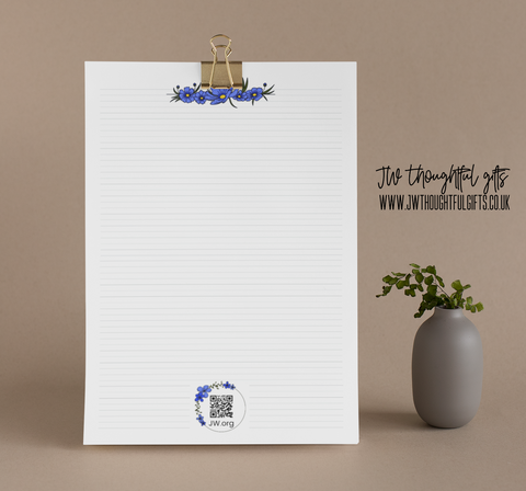 Free Blue flower narrow lined JW Letter Writing Download -A4 and US letter sized