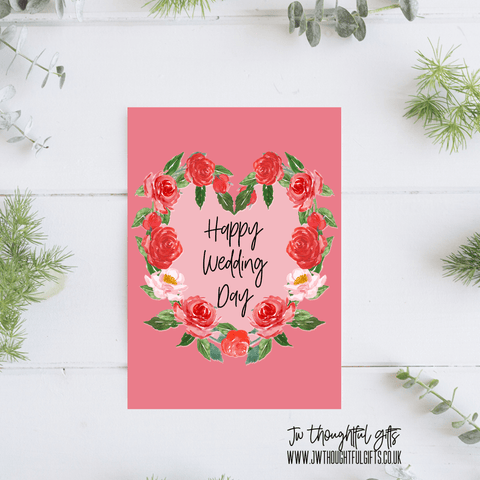 JW Thoughtful Gifts Cards Happy Wedding Day card, pretty floral heart wedding card