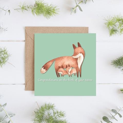 JW Thoughtful Gifts Cards Twins, new baby card, cute fox illustration, congratulations on the birth of your twins