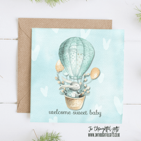 JW Thoughtful Gifts Cards Welcome sweet baby, watercolour balloon illustration baby card.
