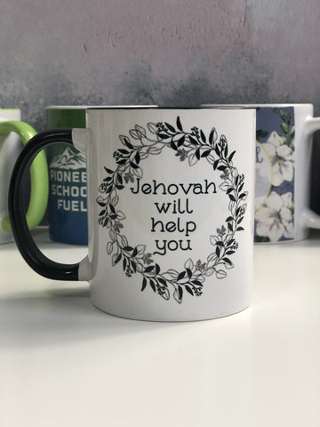 JW Thoughtful Gifts Mugs Black and White leaf design mug - Jehovah will help you, You can do it!