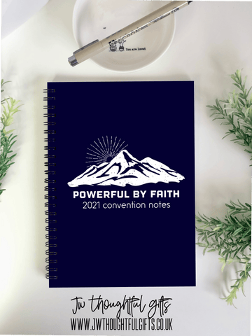 JW Thoughtful Gifts Notebooks Mountain scene Powerful by Faith ringbound notebook - can be personalised, 2021 convention notebook, meeting notes