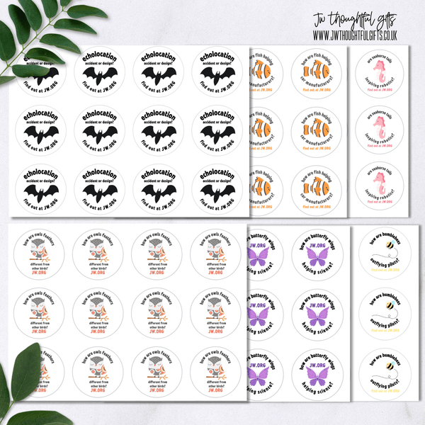 JWThoughtfulGifts Labels JW.org animal creation round labels, was it designed series? - 6 sheets, 6 designs - 72 stickers