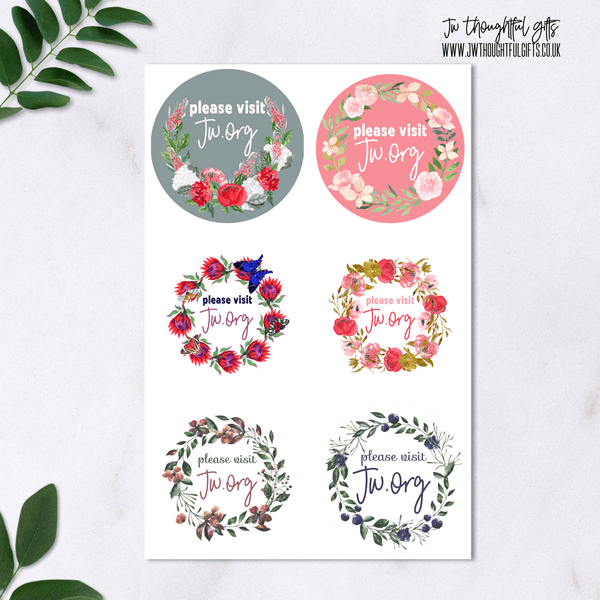 JWThoughtfulGifts Labels JW.org floral round labels - 6 sheets, 6 designs - 72 stickers