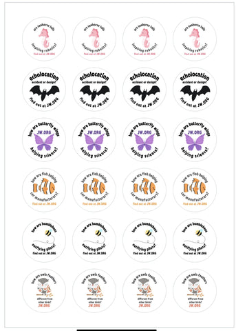 JWThoughtfulGifts Labels Mixed sheet packs of JW.org animal creation round labels, was it designed series? - 6 sheets, 6 designs - 72 stickers