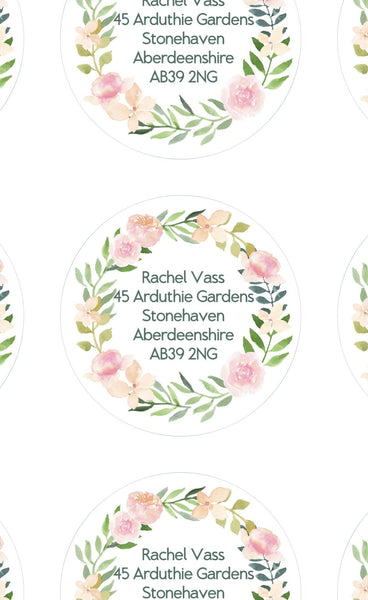 JWThoughtfulGifts Labels pastel floral personalised round address labels, 72 stickers, address stickers