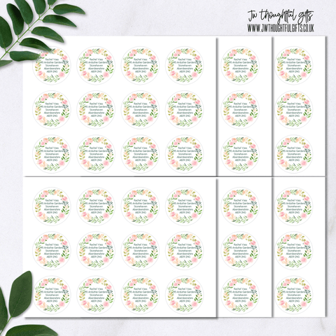 JWThoughtfulGifts Labels pastel floral personalised round address labels, 72 stickers, address stickers
