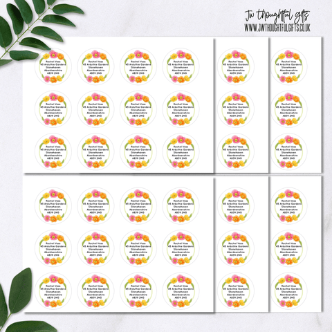 JWThoughtfulGifts Labels Personalised round address labels, 72 stickers, vibrant flowers
