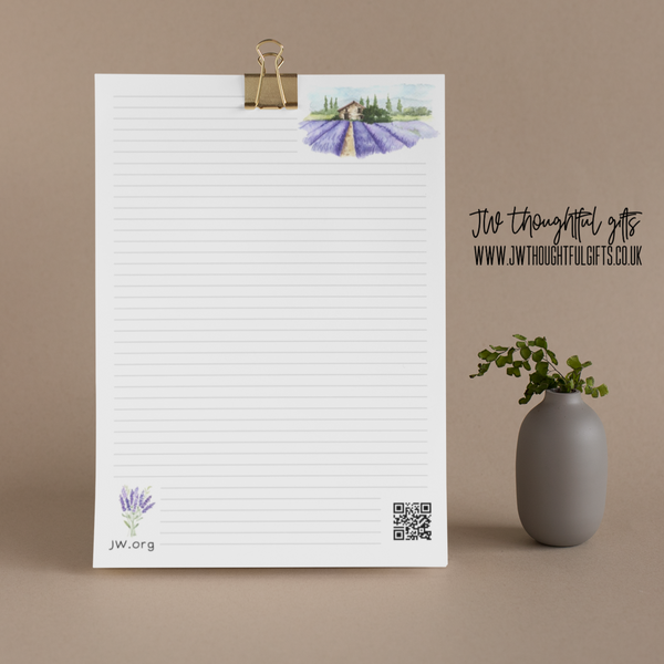 Provence A4 or A5 JW Letter Writing Paper - blank or lined - optional qr code to bible study