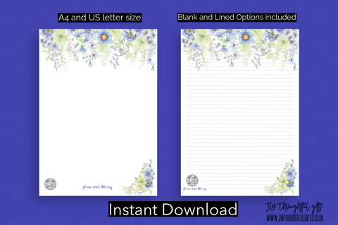 Blue Garden floral Digital Paper bundle - 2 options - JW Letter Writing Download - A4 and US letter sized