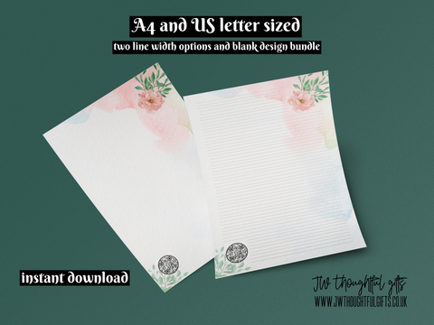 pink watercolour bundle - 3 options - JW Letter Writing Download -A4 and US letter sized
